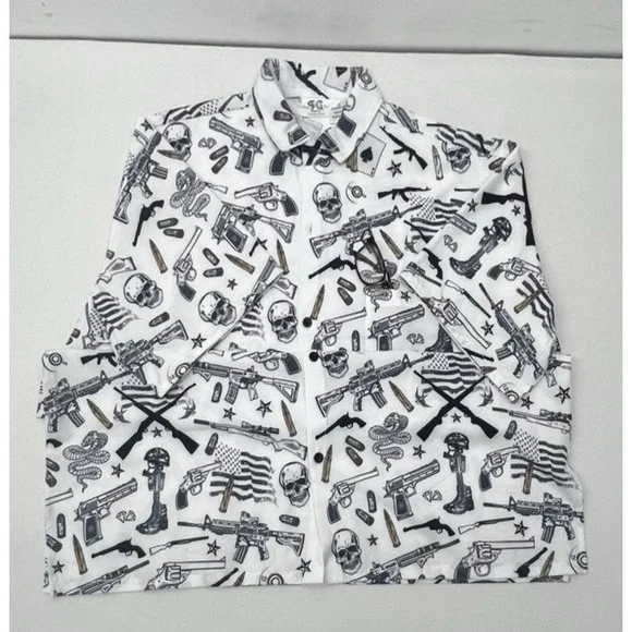 Funny Guy Mugs Gun Skull Print Shirt XXL White Graphic Button Up Men's Top - Picture 7 of 12
